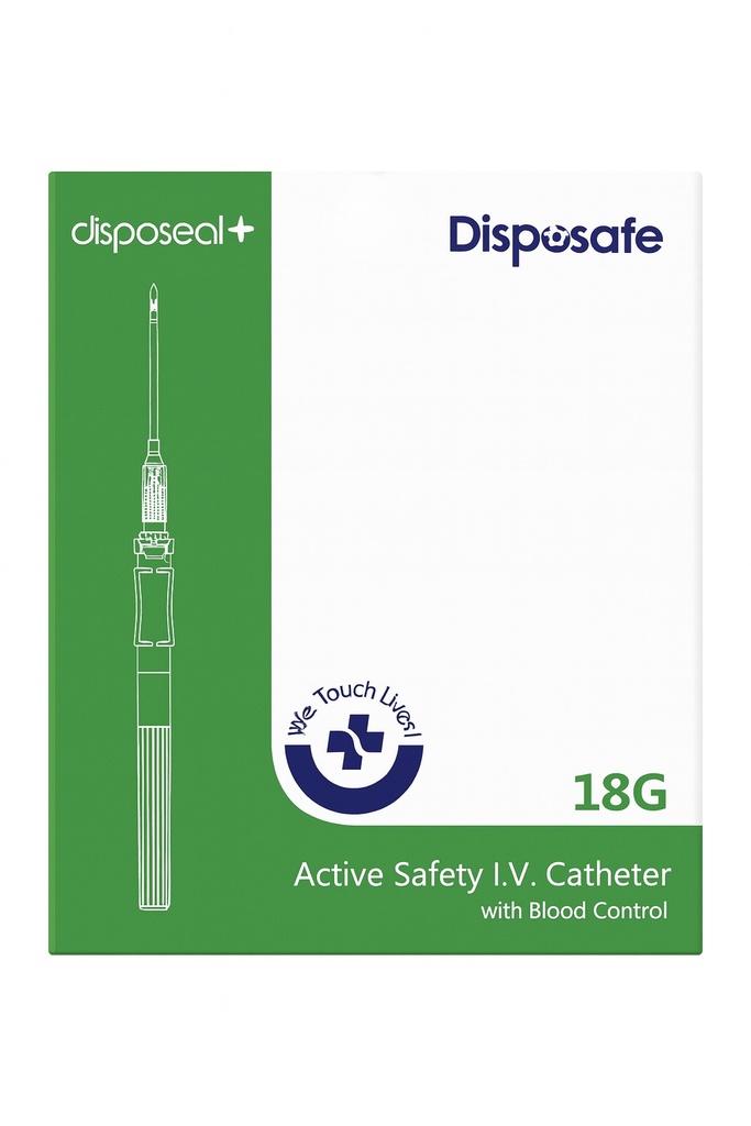 DISPOSAFE DISPOSEAL ACTIVE SAFETY I.V. CATHETER WITH BLOOD CONTROL 18G x 1.25" (32mm) - Box of 50